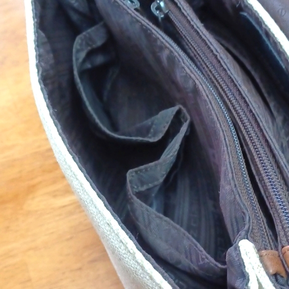 Liz Claiborne Leather& Linen Blend Crm/Brn X-Body/Shoulder Bag Numerous Sections - Picture 12 of 15